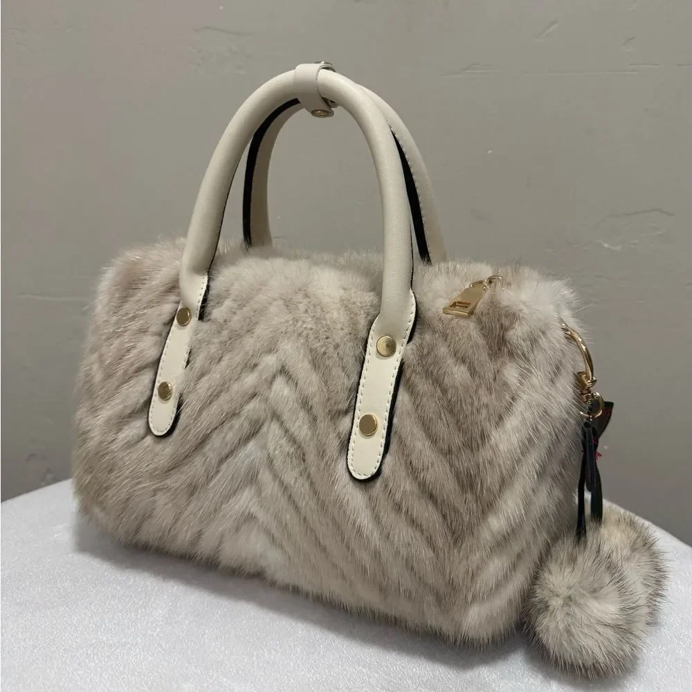 Ivory Real Mink Fur & Leather Handles Handmade Boston Bag & Mink Fur Bag Charm